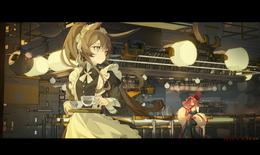 3girls absurdres alternate_costume amiya_(arknights) animal_ears apron arknights bar black_dress blue_eyes brown_hair bun_cover cat_ears closed_mouth cowboy_shot cup dated dress ears_through_headwear elbow_gloves enmaided frilled_apron frills fur_shawl gloves heidi_(arknights) highres holding holding_cup holding_tray indoors letterboxed long_hair long_sleeves looking_back maid maid_headdress mulberry_(arknights) mulberry_(plant_crude_drug)_(arknights) multiple_girls n6058 neck_ribbon official_alternate_costume ponytail rabbit_ears red_gloves red_hair red_headwear ribbon shawl sitting sleeveless sleeveless_dress smile tray very_long_hair white_apron white_ribbon