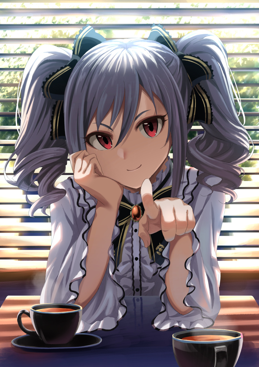 1girl absurdres bangs black_bow black_bowtie black_ribbon bow bowtie coffee coffee_cup cup disposable_cup drill_hair frilled_shirt frills grey_hair hair_ribbon highres idolmaster idolmaster_cinderella_girls kanzaki_ranko long_bangs long_hair long_sleeves looking_at_viewer pointing pointing_at_viewer red_eyes ribbon shirt skirt smile solo takatsuki_p twin_drills twintails white_skirt window