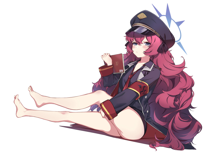 1girl armband ass barefoot blue_archive flat_chest halo hat highres iroha_(blue_archive) long_hair looking_at_viewer necktie pink_hair purple_eyes shionji_ax sitting slit_pupils solo very_long_hair