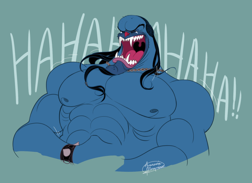 abs ariel025 balding blue_body bodily_fluids facial_hair fangs goatee hair hercules_(1997) humanoid laugh long_beard long_hair male monster nessus nipples pecs solo tears