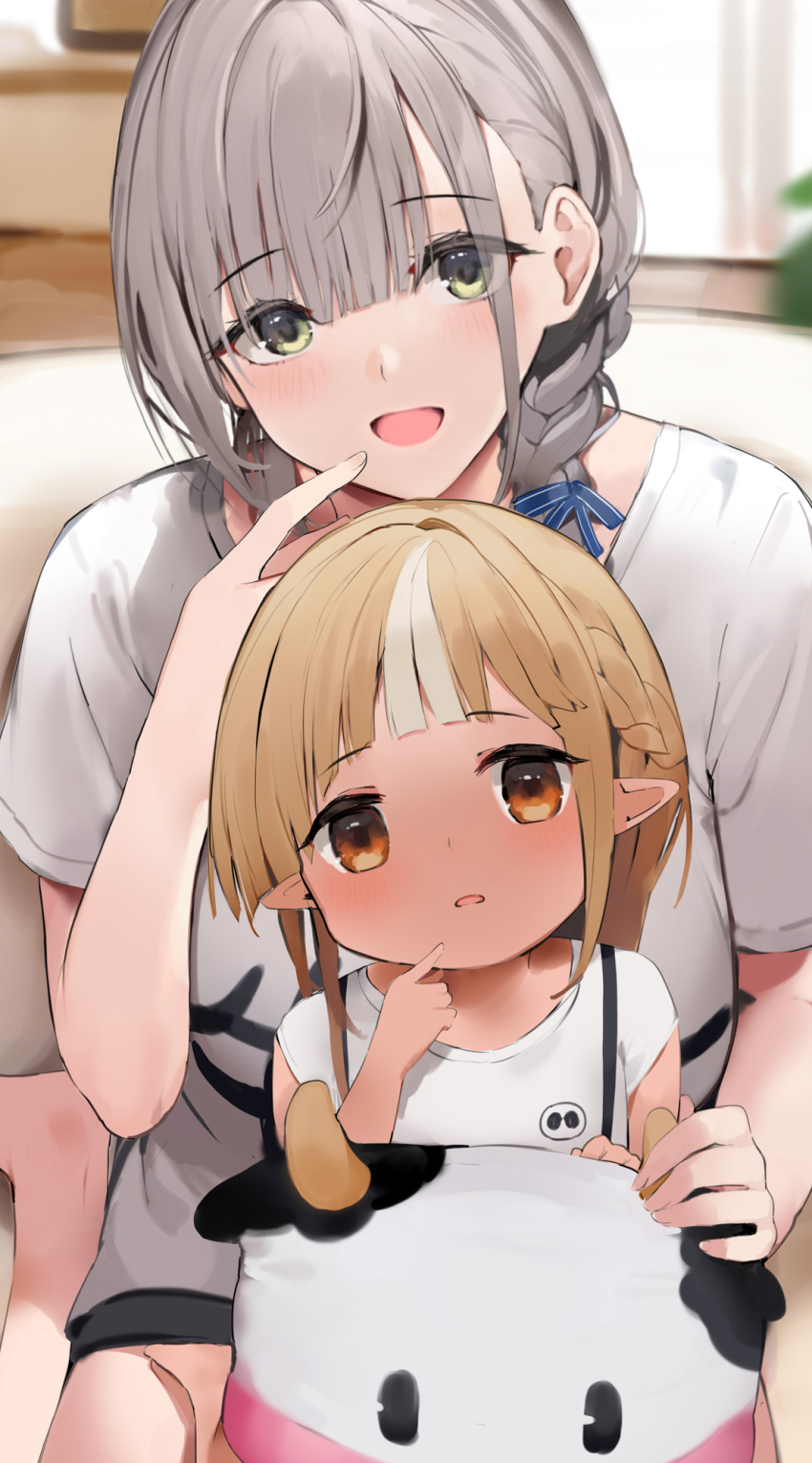 2girls ahoge alternate_costume asymmetrical_hair bare_legs barefoot black_shorts blonde_hair blue_ribbon blurry blurry_background blush braid braided_ponytail casual child couch dark-skinned_female dark_skin eyebrows_visible_through_hair finger_to_mouth foot_out_of_frame french_braid green_eyes grey_hair hair_between_eyes hair_over_shoulder hair_ribbon head_tilt highres hololive indoors kintsuba_(shiranui_flare) kodomo_no_hi looking_at_viewer medium_hair multicolored_hair multiple_girls niii_(memstapak) open_mouth orange_eyes parted_lips pointy_ears revision ribbon shiranui_flare shirogane_noel shirt short_hair short_shorts short_sleeves shorts sitting sitting_on_lap sitting_on_person smile streaked_hair stuffed_cow sunlight two-tone_hair virtual_youtuber wariza white_hair white_shirt younger