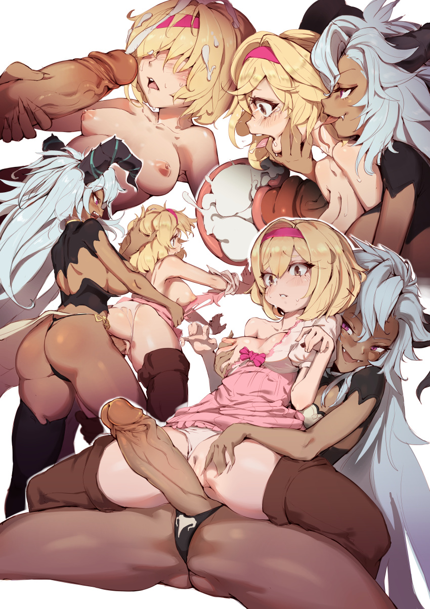 2girls absurdres against_wall ass blonde_hair blush boots breast_grab breasts brown_footwear clothing_aside commentary cross-section cum cum_on_hair dark-skinned_female dark_skin djeeta_(granblue_fantasy) dragon_horns dress drooling ejaculation english_commentary erection face_grab fangs fediel_(granblue_fantasy) finger_in_another's_mouth futa_with_female futanari grabbing grabbing_from_behind granblue_fantasy grey_hair groping hairband highres horns imminent_penetration internal_cumshot large_penis long_hair multiple_girls nipples open_mouth panties panties_aside parted_lips penguru_086 penis penis_awe pink_dress pink_hairband projectile_cum pussy ribbon sex sex_from_behind simple_background spread_legs sweat thigh_boots thigh_grab thighhighs tongue tongue_out torn_clothes torn_panties uncensored underwear white_background