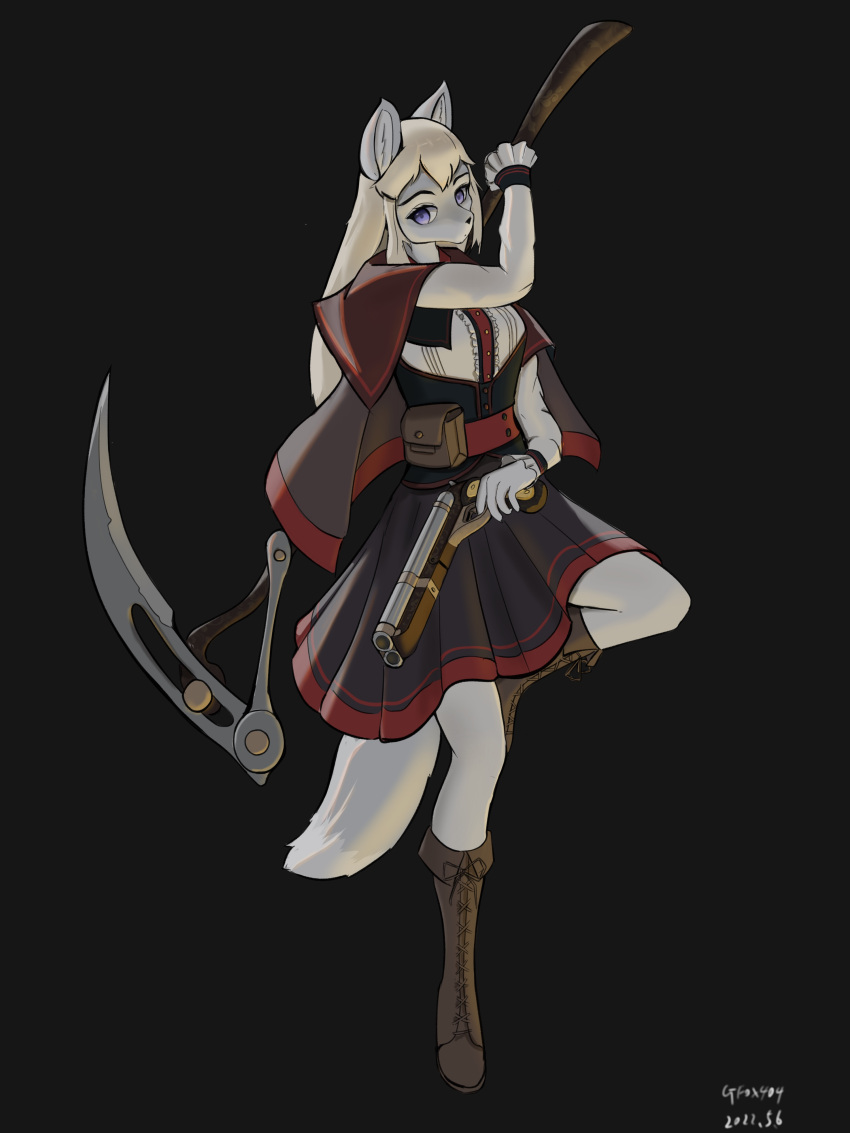 absurd_res black_background blonde_hair canid canine canis clothed clothing dress female fur gfox404 grey_body grey_fur gun hair hi_res mammal purple_eyes ranged_weapon red_clothing sickle simple_background solo weapon wolf