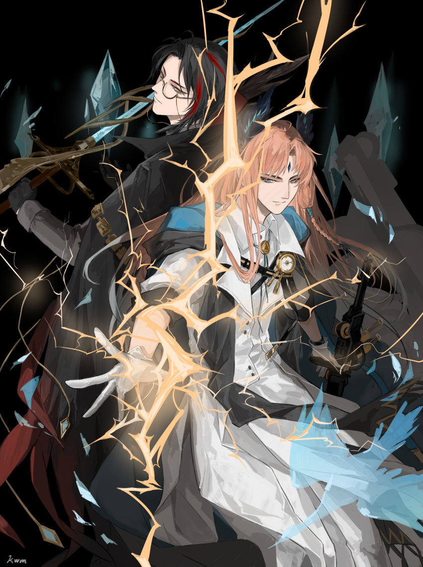 2boys absurdres arknights black_background black_cape black_gloves black_hair blue_eyes cape chinese_commentary coat commentary_request electricity gloves gnosis_(arknights) gnosis_(forerunner)_(arknights) head_wings highres holding holding_sword holding_weapon kongwuming long_hair long_sleeves looking_at_viewer male_focus monocle multiple_boys official_alternate_costume orange_hair originium_arts_(arknights) passenger_(arknights) red_hair short_hair smile sword weapon white_coat white_gloves