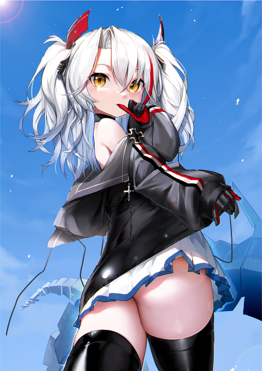 1girl absurdres antenna_hair ass azur_lane bangs bare_shoulders black_gloves black_jacket black_legwear blue_sky chinese_commentary cloud commentary cowboy_shot cross day dingding_tu eyebrows_behind_hair from_behind gloves hair_between_eyes hair_ornament hand_up highres iron_cross jacket little_prinz_eugen_(azur_lane) long_hair long_sleeves looking_at_viewer multicolored_hair off_shoulder parted_bangs red_gloves red_hair rigging sidelocks skirt sky solo standing streaked_hair thighhighs thumb_sucking two-tone_gloves two-tone_hair two_side_up white_hair white_skirt zettai_ryouiki