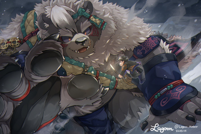 accessory anthro chubby_protagonist_(tas) claws clothing duo eyebrows fight fingerless_gloves gloves handwear headband hi_res human jewelry lagoon_bluebear lifewonders male mammal melee_weapon necklace nipples pecs size_difference sword thick_eyebrows tokyo_afterschool_summoners ursid video_games weapon wen_kamui_(tas)
