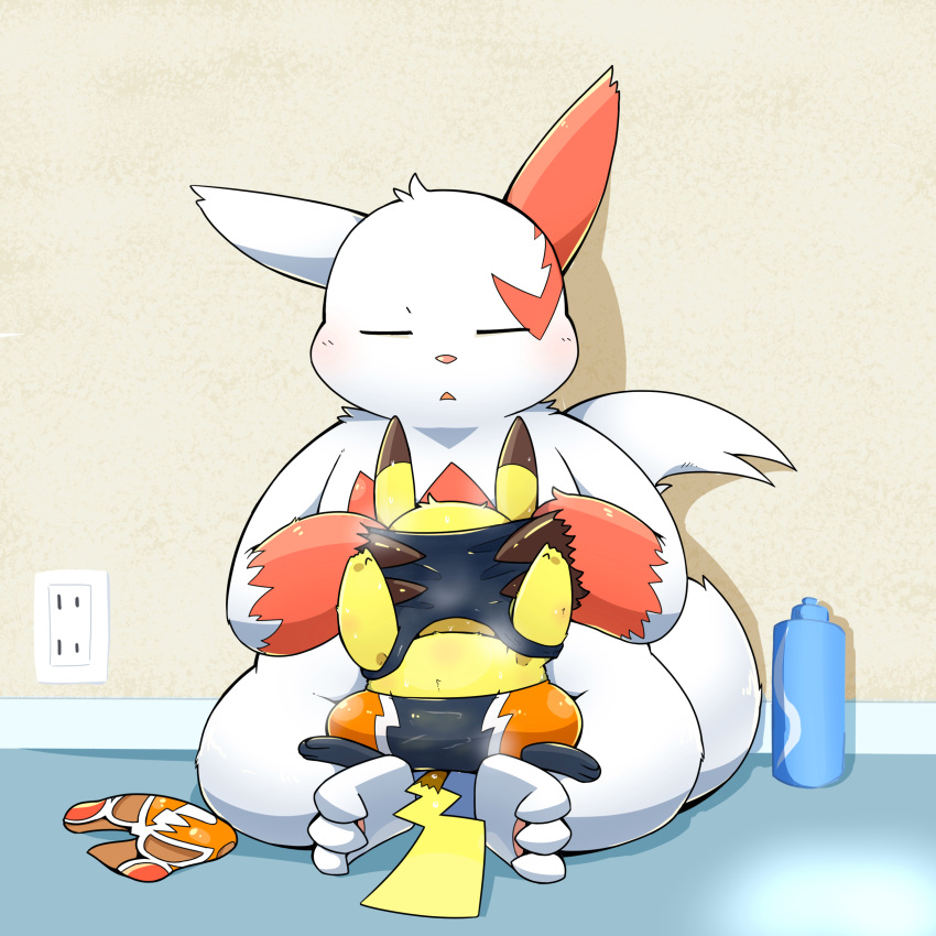 absurd_res anthro belly blush clothing cosplay_pikachu_(costume) duo fur hi_res male mask navel nintendo pikachu_libre pok&eacute;mon pok&eacute;mon_(species) slightly_chubby tatu_wani_(artist) undressing_another video_games white_body white_fur wrestling_singlet yellow_body yellow_fur zangoose