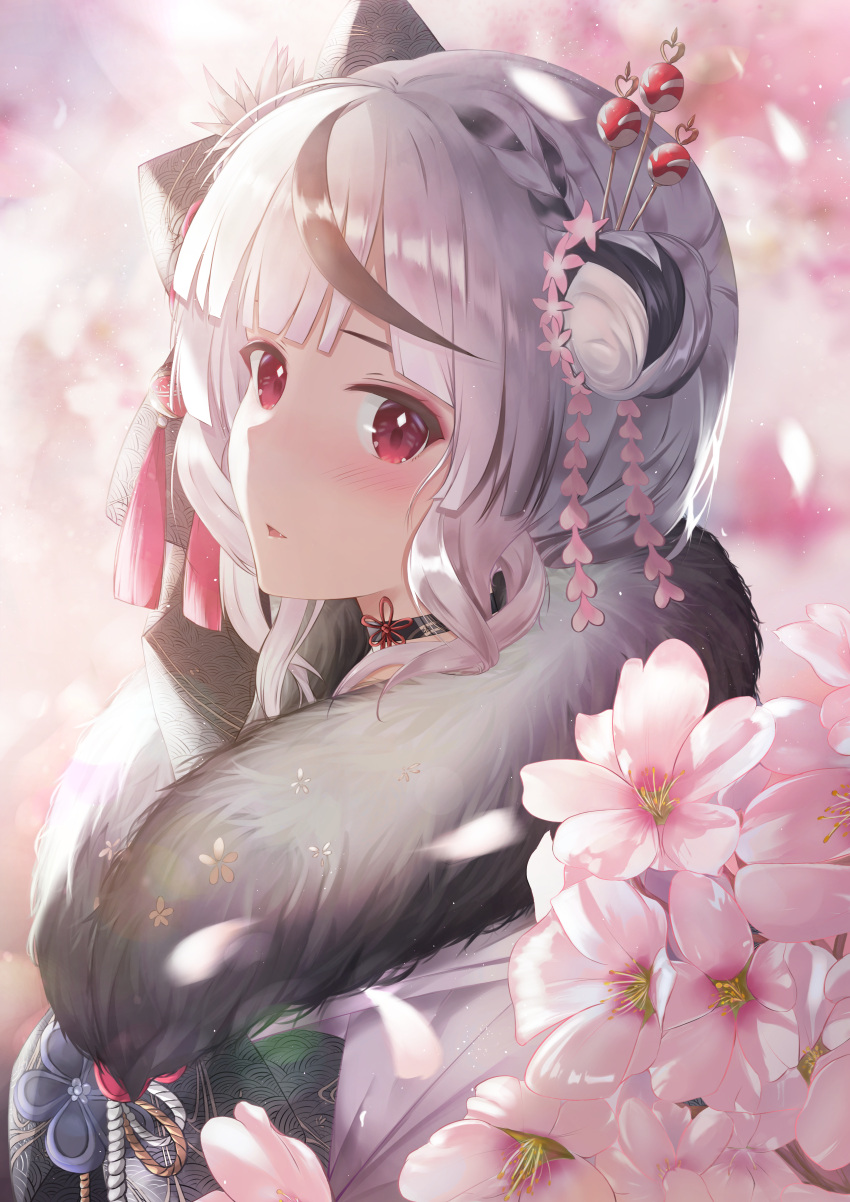 absurdres blush cherry_blossoms choker finale flower fur_collar grey_hair hair_flower hair_ornament hair_ribbon hairpin highres hololive japanese_clothes kimono multicolored_hair official_alternate_costume petals red_eyes ribbon sakamata_chloe side_bun solo streaked_hair virtual_youtuber