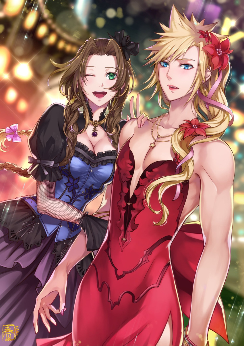 1boy 1girl aerith_gainsborough bangs bare_arms blonde_hair blue_dress blue_eyes bow breasts brown_hair cleavage cloud_strife collarbone cosplay costume_switch crossdressing dress earrings final_fantasy final_fantasy_vii final_fantasy_vii_remake fingernails fishnet_armwear flamenco_dress flower green_eyes hair_between_eyes hair_bow hair_flower hair_ornament hair_ribbon hairband halu-ca hand_on_another's_shoulder highres holding_another's_arm jewelry lipstick makeup medium_breasts multiple_necklaces muscular muscular_male nail_polish one_eye_closed open_mouth parted_bangs parted_lips pectorals puffy_short_sleeves puffy_sleeves red_dress ribbon short_sleeves sidelocks smile spiked_hair teeth upper_body upper_teeth v wavy_hair
