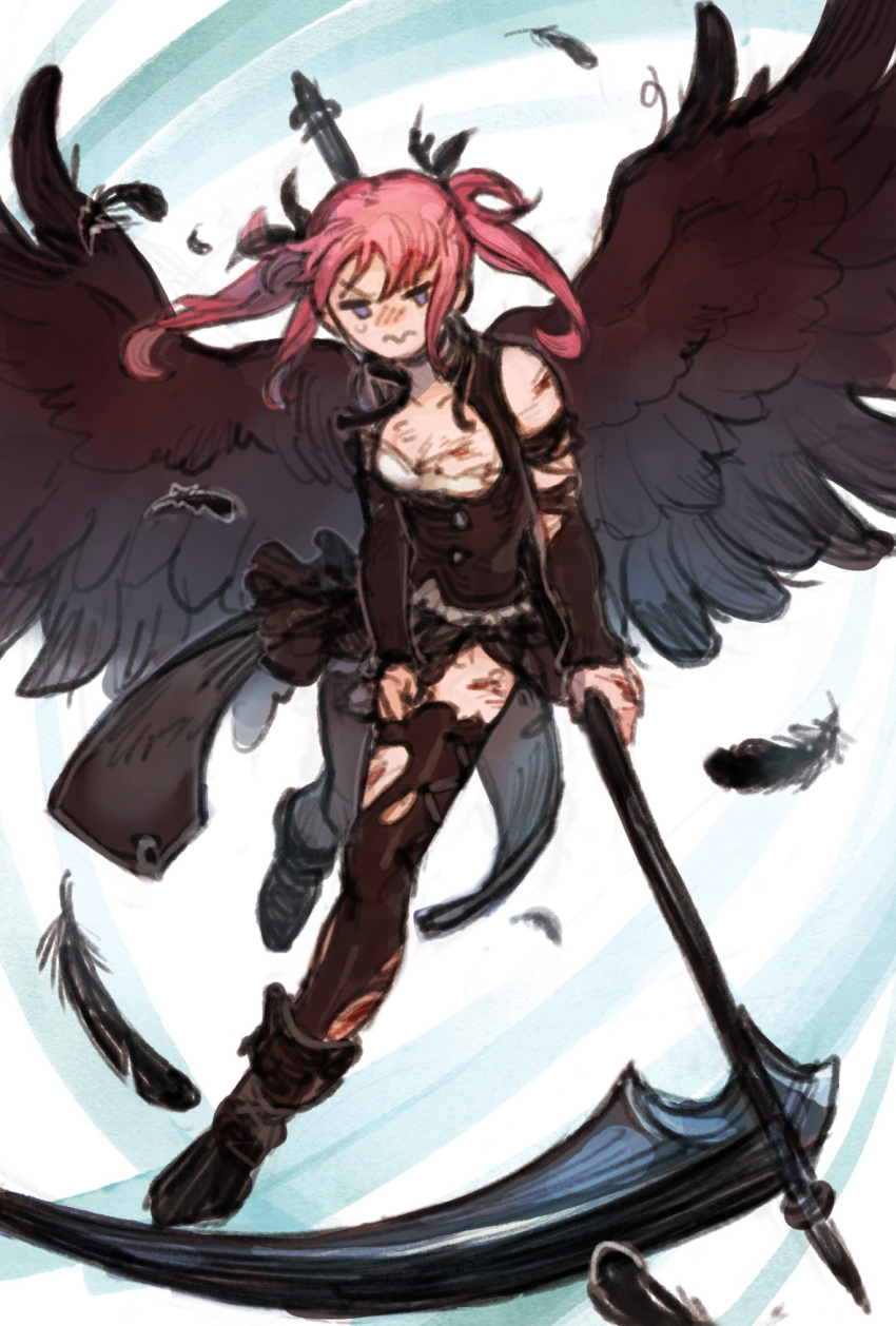 1girl bangs bare_shoulders black_angel_(elona) black_dress black_footwear black_legwear black_ribbon black_wings blood blood_on_arm blood_on_chest blood_on_hands blood_on_leg blush boots bra cuts detached_sleeves dress dress_tug elona embarrassed feathered_wings feathers floating_hair flying full_body hair_ribbon herayoshi highres holding holding_scythe injury long_hair pink_hair purple_eyes ribbon scythe short_dress sketch solo sweat thighhighs torn_clothes torn_dress torn_legwear torn_sleeves twintails underwear white_background white_bra wings