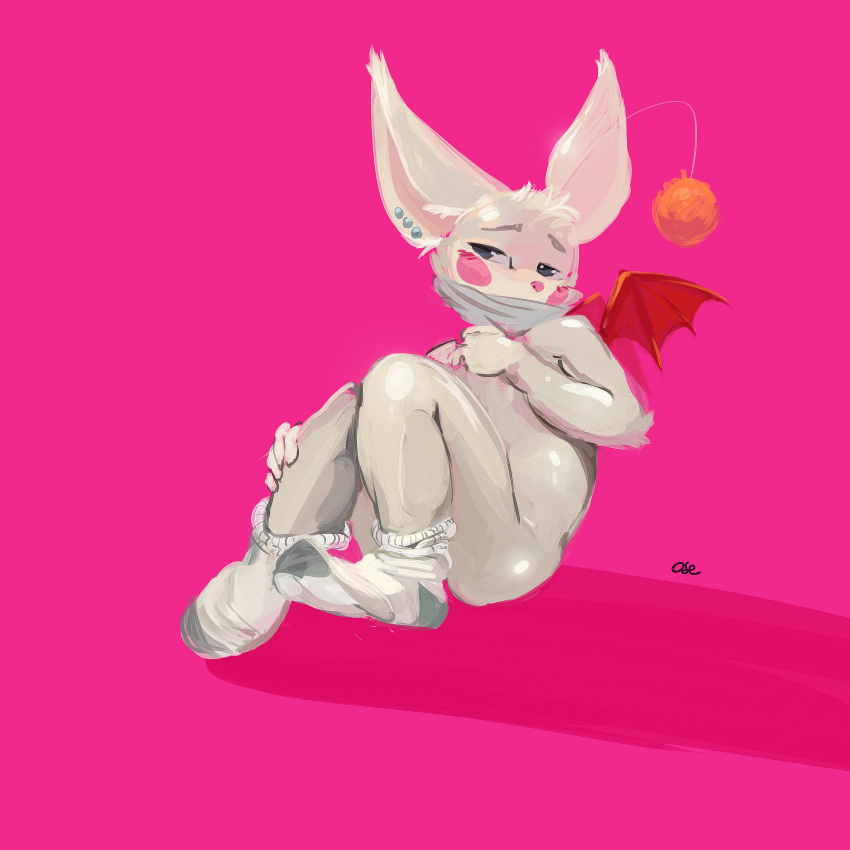 1:1 absurd_res anthro big_ears biped blush clothing elbow_tufts footwear footwear_only front_view fur hair half-closed_eyes hand_on_legs head_tuft hi_res male membrane_(anatomy) membranous_wings mostly_nude narrowed_eyes oselotti red_membrane red_wings signature sitting socks socks_only solo tuft white_body white_fur white_hair wings