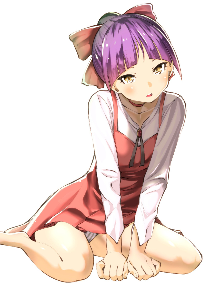 1girl blush bow choker collarbone eyebrows_visible_through_hair fingernails fukushima_masayasu gegege_no_kitarou grey_background grey_panties hair_bow hair_bun highres looking_at_viewer nekomusume open_mouth panties purple_hair red_bow red_choker simple_background sitting solo striped striped_panties teeth tongue underwear upper_teeth wariza yellow_eyes