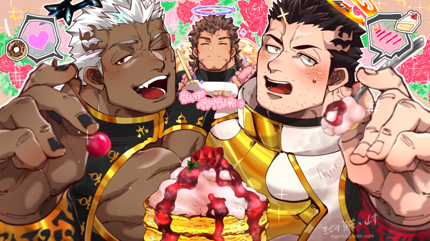 3boys apron black_bodysuit blue_halo blush bodysuit cake cherry collared_cape commentary_request dark-skinned_male dark_skin doughnut emoticon flaming_halo flower food fruit halo heart highres incoming_food israfil_(housamo) kizami_nori_to_yamaimo multiple_boys nether_angel_(housamo) open_mouth pancake partial_commentary pectoral_cleavage pectoral_press pectorals rose signature skin_tight sparkle strawberry sweatdrop tokyo_afterschool_summoners twitter_username zabaniya_(housamo)