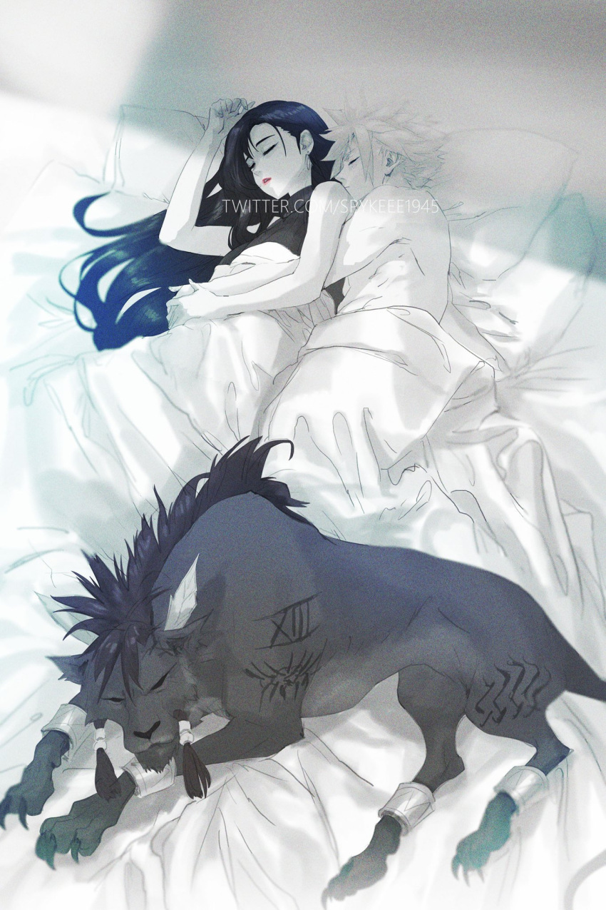 1boy 1girl animal bare_shoulders bed bed_sheet bedroom black_hair breasts cloud_strife couple cuddling earrings final_fantasy final_fantasy_vii final_fantasy_vii_remake highres hug hug_from_behind indoors jewelry large_breasts light long_hair lying on_side red_lips red_xiii sleeping sleeveless sleeveless_turtleneck spiked_hair spykeee tifa_lockhart turtleneck twitter_username