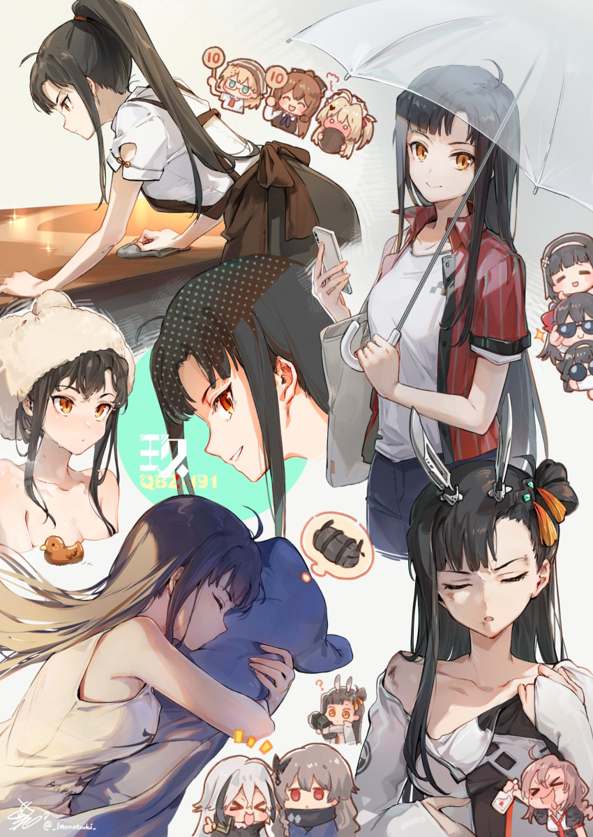 &gt;_&lt; 0_0 6+girls ? ^_^ absurdres ahoge alcohol animal_ears apron bag bathing black_hair black_skirt blonde_hair blush bow breasts brown_apron brown_hair cleaning closed_eyes g36_(girls'_frontline) girls'_frontline glasses hair_ornament hanyang_type_88_(girls'_frontline) headband highres holding holding_phone holding_towel long_hair maid maid_headdress mechanical_ears medium_breasts multicolored_hair multiple_girls object_hug object_kiss off_shoulder open_clothes open_shirt orange_eyes phone ponytail qbu-88_(girls'_frontline) qbz-191_(girls'_frontline) rabbit_ears red_shirt rhino_(girls'_frontline) rubber_duck shirt shopping_bag shuzi side_bun skirt smile sp9_(girls'_frontline) sparkle springfield_(girls'_frontline) streaked_hair sunglasses t-shirt tank_top towel towel_on_head type_56_carbine_(girls'_frontline) type_81_carbine_(girls'_frontline) type_97_shotgun_(girls'_frontline) umbrella wet wet_hair white_hair white_shirt