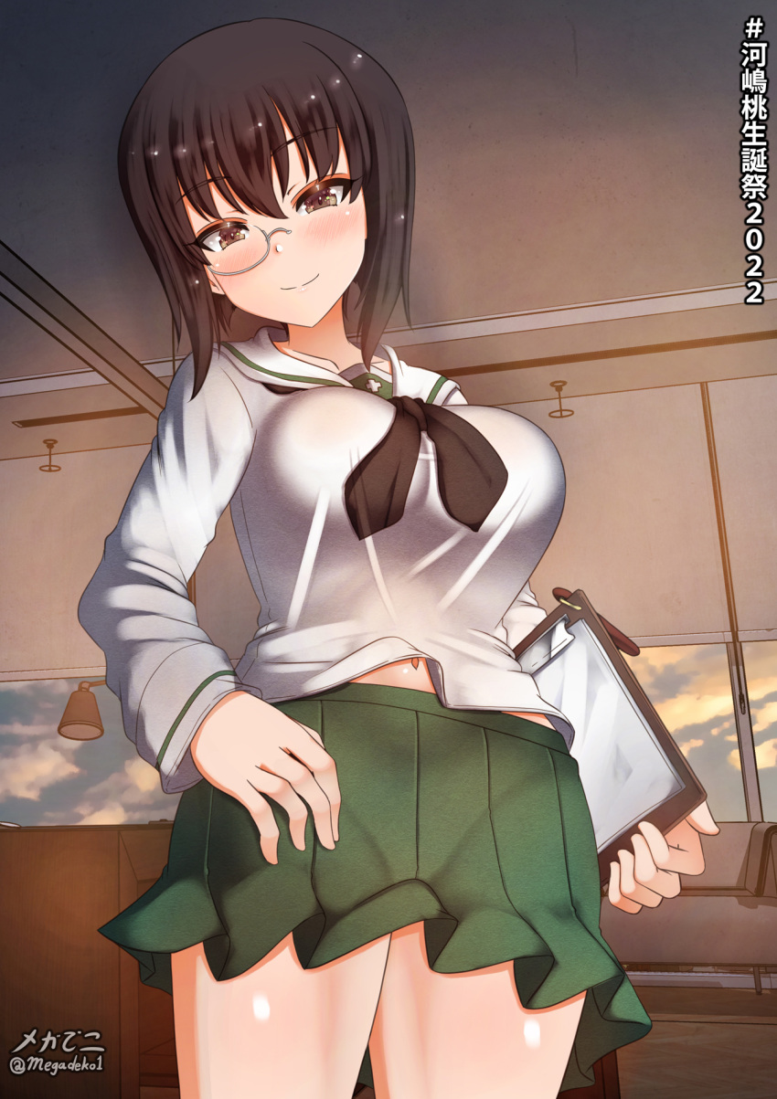 1girl aquaegg black_hair blush breasts brown_eyes closed_mouth collarbone eyebrows_visible_through_hair girls_und_panzer green_skirt highres indoors kawashima_momo large_breasts looking_at_viewer miniskirt monocle navel ooarai_school_uniform pleated_skirt school_uniform shiny shiny_hair shiny_skin short_hair skirt smile solo standing