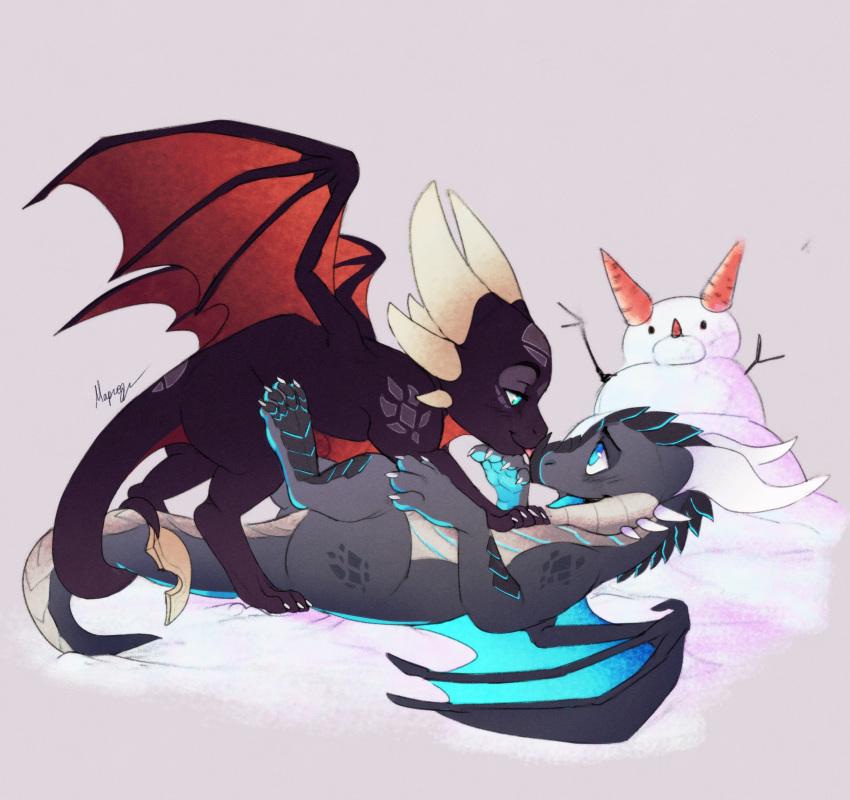 2022 activision black_body blue_eyes blush chibi cute_expression cynder digital_media_(artwork) dragon duo eye_contact female feral grey_body half-closed_eyes hi_res horn licking looking_at_another male male/female membrane_(anatomy) membranous_wings narrowed_eyes on_ground on_top open_mouth pawpads paws playful romantic romantic_couple scales scalie simple_background smile snow snowman spyro_the_dragon the_legend_of_spyro tongue tongue_out toony video_games wanderertamplior western_dragon white_background wings xero_(captainscales)