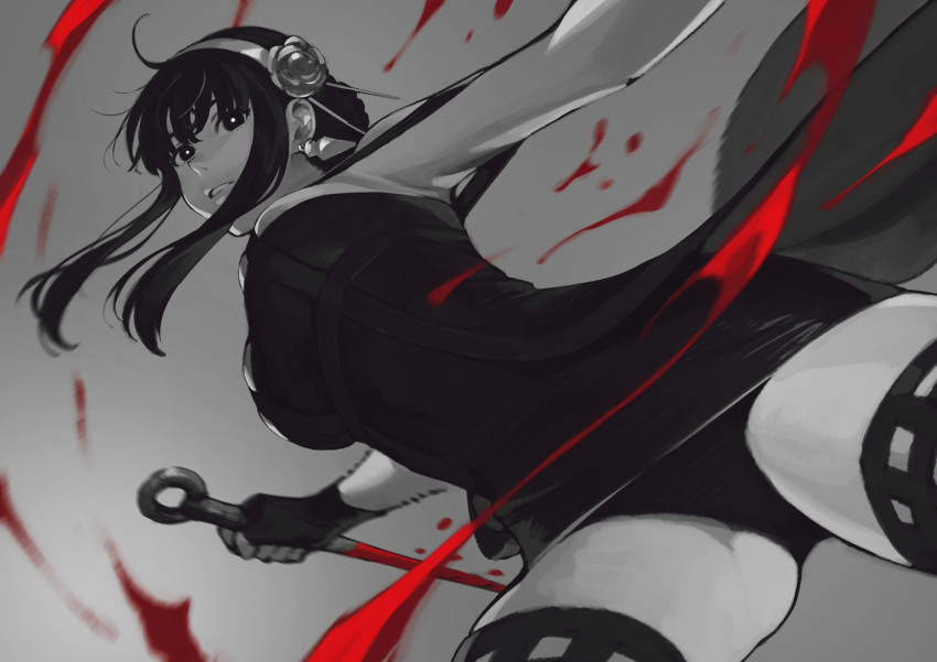 1girl bare_shoulders black_dress black_gloves black_hair black_legwear blood breasts dress earrings fighting flower gloves hair_flower hair_ornament hairband highres holding holding_weapon jewelry jun_(seojh1029) large_breasts long_hair sidelocks sleeveless sleeveless_dress solo spy_x_family thighhighs weapon yor_briar