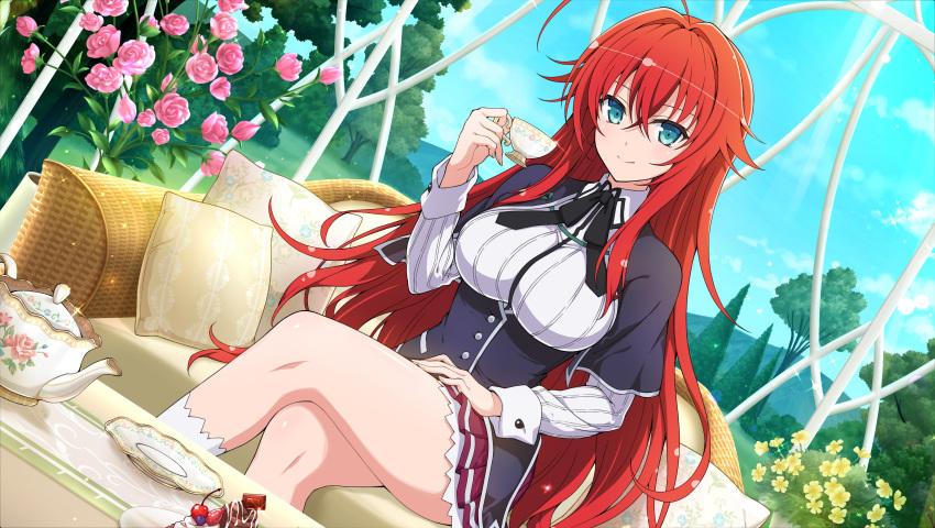 1girl absurdres ahoge bangs black_capelet black_ribbon blue_eyes breasts capelet closed_mouth collared_shirt crossed_legs cup day dutch_angle flower hair_between_eyes hair_intakes hand_on_lap high_school_dxd highres holding holding_cup kneehighs large_breasts layered_skirt long_hair looking_at_viewer miniskirt neck_ribbon outdoors pleated_skirt red_flower red_hair red_rose red_skirt rias_gremory ribbon rose senran_kagura senran_kagura_new_link shiny shiny_hair shiny_skin shirt sitting skirt smile solo sparkle teacup underbust very_long_hair white_legwear white_shirt wing_collar yellow_flower