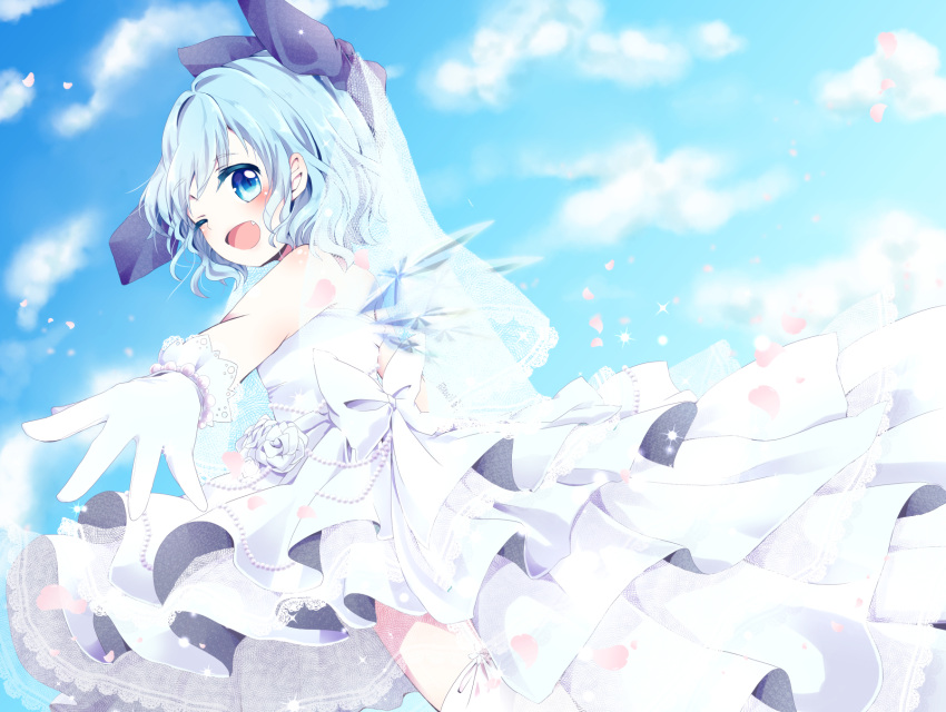 1girl alternate_costume back_bow bangs bare_shoulders blue_bow blue_eyes blush bow cirno cloud commentary_request day dress eyebrows_visible_through_hair fang flower from_behind gloves hair_bow highres ice ice_wings kuromame_(8gou) light_blue_hair looking_at_viewer looking_back one_eye_closed open_mouth outdoors outstretched_arm rose shiny shiny_hair short_hair sidelocks sky smile solo thighhighs touhou wedding_dress white_bow white_dress white_flower white_gloves white_legwear white_rose wings