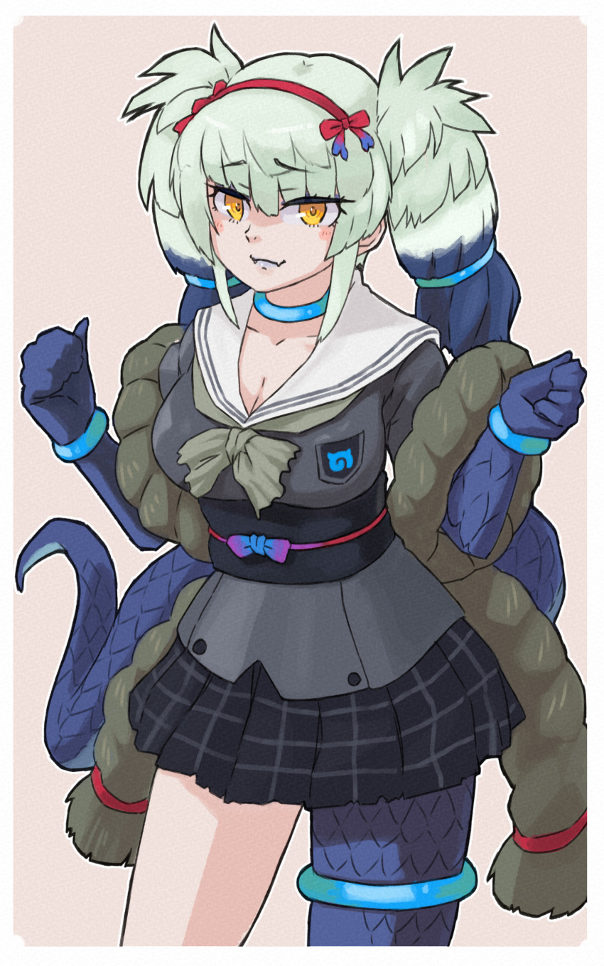 1girl absurdres asymmetrical_legwear belt black_belt black_skirt blue_choker blue_hair blue_legwear blue_lips blush bow bowtie choker cowboy_shot eyebrows_visible_through_hair fangs green_bow green_bowtie green_hair grey_shirt hair_bow highres japari_symbol kemono_friends kemono_friends_3 multicolored_hair plaid plaid_skirt pleated_skirt sailor_collar scales school_uniform shirt skirt snake_print solo toriny twintails white_hair yamata_no_orochi_(kemono_friends) yellow_eyes