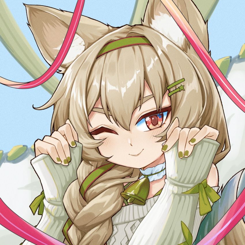 1girl ;) absurdres arknights beanstalk_(arknights) beanstalk_(gift_uncompleted)_(arknights) bell brown_hair collar green_hairband green_nails green_ribbon hair_between_eyes hair_ornament hair_ribbon hairband hairclip hands_up highres hpapo hyena_ears looking_at_viewer neck_bell off-shoulder_sweater off_shoulder official_alternate_costume one_eye_closed portrait red_eyes ribbon smile solo star_(symbol) star_hair_ornament striped striped_hairband sweater v-shaped_eyebrows white_collar white_sweater
