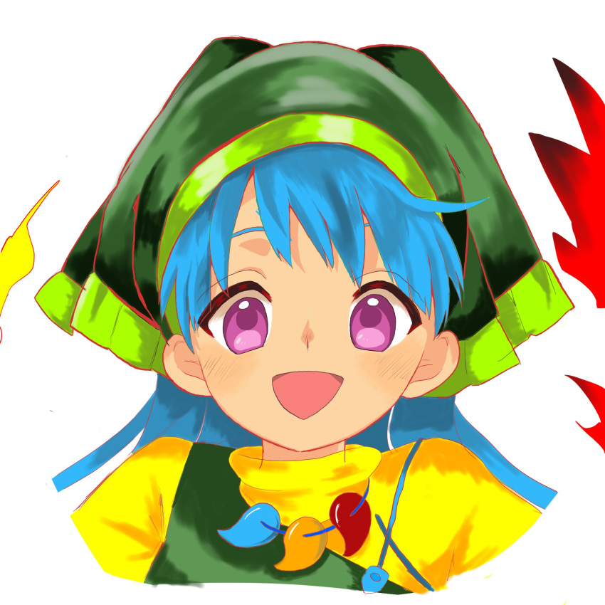 1girl apron bangs blue_hair commentary_request dress face green_apron green_headwear green_hood haniyasushin_keiki happy head_scarf highres keiki8296 long_hair looking_at_viewer magatama magatama_necklace open_mouth puffy_short_sleeves puffy_sleeves purple_eyes short_sleeves simple_background single_strap solo touhou white_background yellow_dress