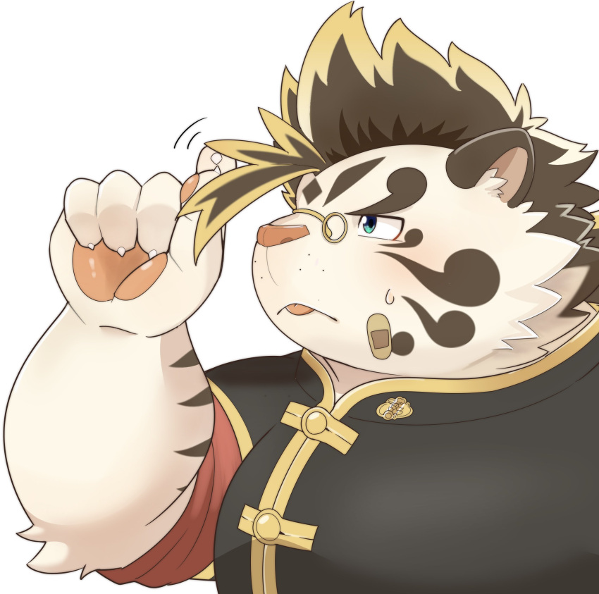 amidasuke anthro asian_clothing bandage blep blue_eyes blush chinese_clothing clawed_fingers clothing east_asian_clothing eyewear felid fur glasses hi_res licho_(tas) lifewonders male mammal pantherine pawpads slightly_chubby solo striped_body striped_fur stripes tiger tokyo_afterschool_summoners tongue tongue_out video_games white_body white_fur