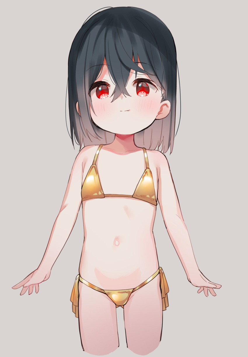 1girl absurdres bangs bare_arms bare_shoulders bikini black_hair brown_bikini child closed_mouth collarbone cropped_legs eyebrows_visible_through_hair gold_bikini grey_background hair_between_eyes highres long_hair looking_at_viewer meito_(maze) navel original red_eyes side-tie_bikini simple_background solo swimsuit