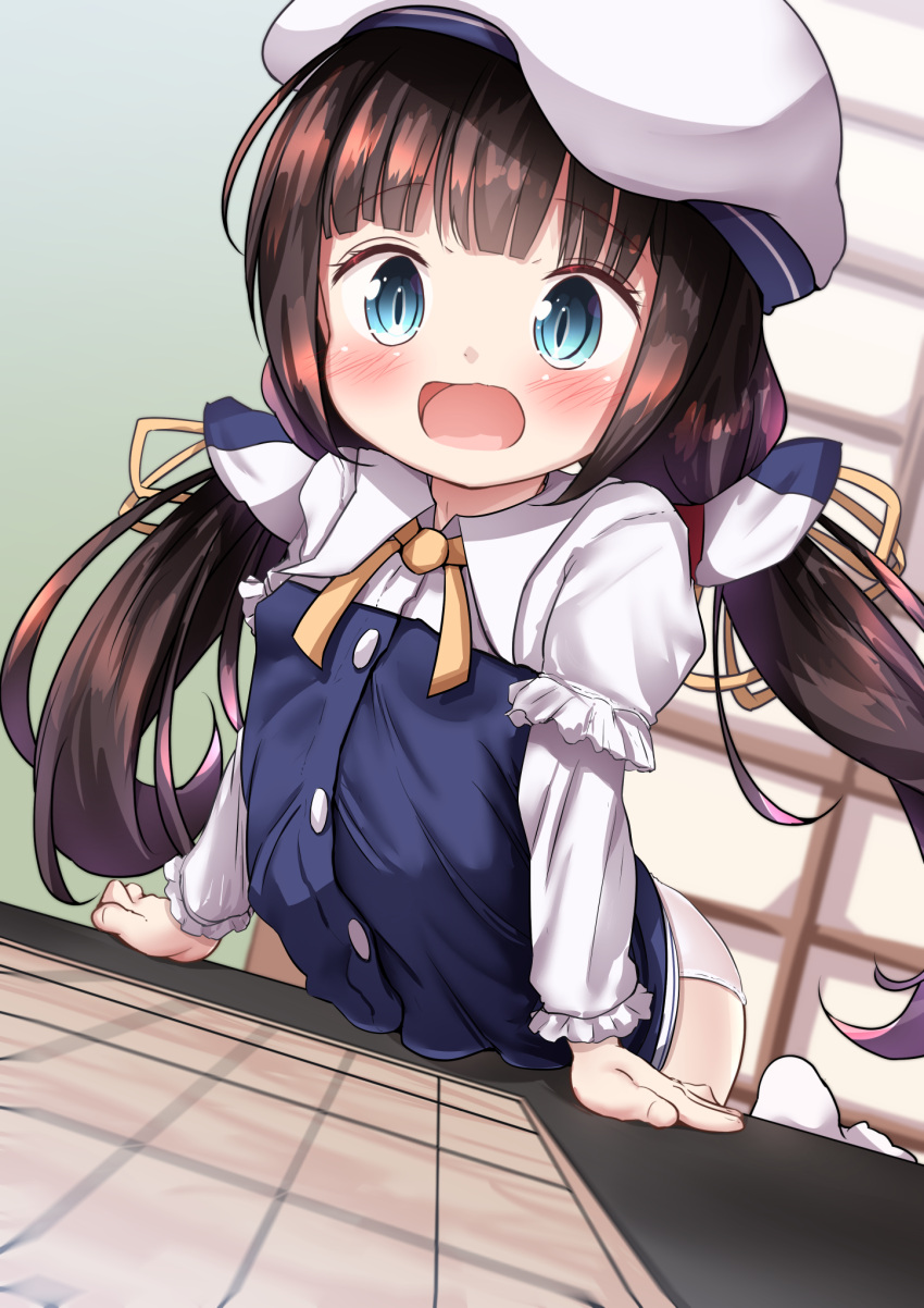 1girl against_table arm_support bangs beret blue_eyes blue_shirt blunt_bangs blurry blush board_game breasts brown_hair buttons child collared_shirt depth_of_field dress_shirt dutch_angle frilled_sleeves frills hat highres hinatsuru_ai indoors juliet_sleeves leaning_on_object long_hair long_sleeves low_twintails mochiyuki neck_ribbon open_mouth panties puffy_sleeves ribbon ryuuou_no_oshigoto! shirt shogi small_breasts socks solo twintails two-tone_shirt underwear white_headwear white_legwear white_panties white_shirt yellow_ribbon