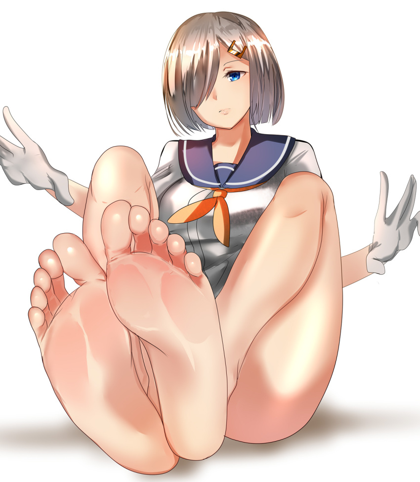 1girl barefoot blue_eyes blue_sailor_collar bored breasts closed_mouth feet foot_focus gloves grey_hair hair_ornament hair_over_one_eye hairclip hamakaze_(kancolle) highres hizagawa_rau kantai_collection large_breasts neckerchief orange_neckerchief sailor_collar school_uniform serafuku shirt short_hair short_sleeves sitting soles solo thighs toes white_background white_gloves white_shirt