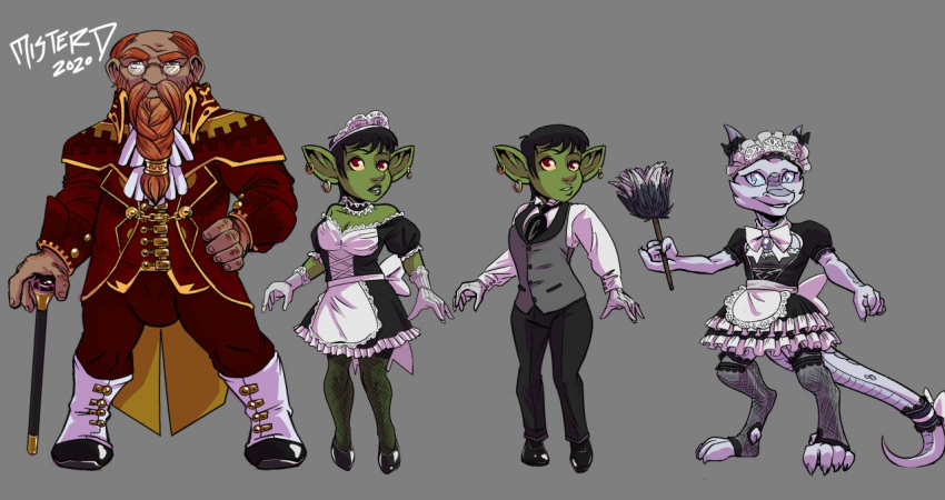 balrapha(keroro623) barnabus(keroro623) blenafee(keroro623) butler clothed clothing crossdressing dwarf female fishnet fishnet_legwear goblin group humanoid kobold legwear maid_uniform male mister_d model_sheet noble trio uniform