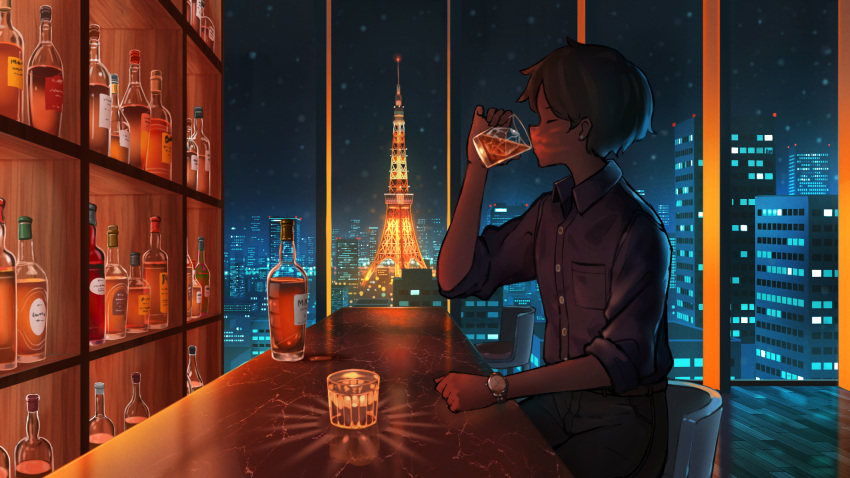 1boy alcohol bar bar_stool black_hair black_shirt bottle building city cityscape closed_eyes collared_shirt commentary_request cup drinking glass highres holding holding_cup night original pasoputi scenery shirt sitting skyline skyscraper sleeves_rolled_up stool tokyo_(city) tokyo_tower whiskey window wrist_cuffs