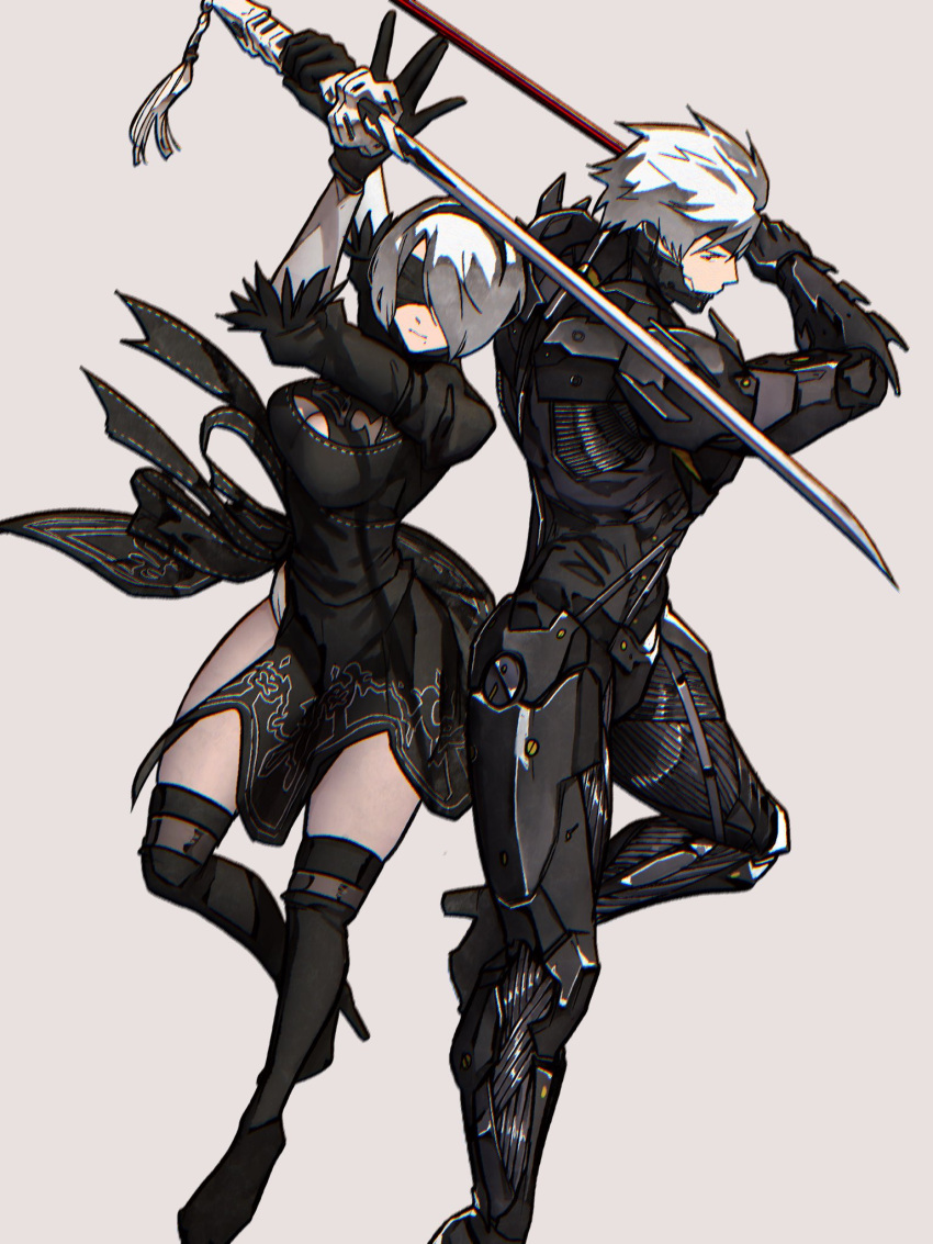 1boy 1girl black_blindfold black_dress black_footwear black_hairband blindfold boots breasts brown_eyes chromatic_aberration cleavage cleavage_cutout clothing_cutout crossover cyborg dress grey_background grey_hair hairband high_heel_boots high_heels highres holding holding_sword holding_weapon katana medium_breasts metal_gear_(series) metal_gear_rising:_revengeance nier_(series) nier_automata raiden_(metal_gear) sword syachiiro thigh_boots thighhighs weapon yorha_no._2_type_b