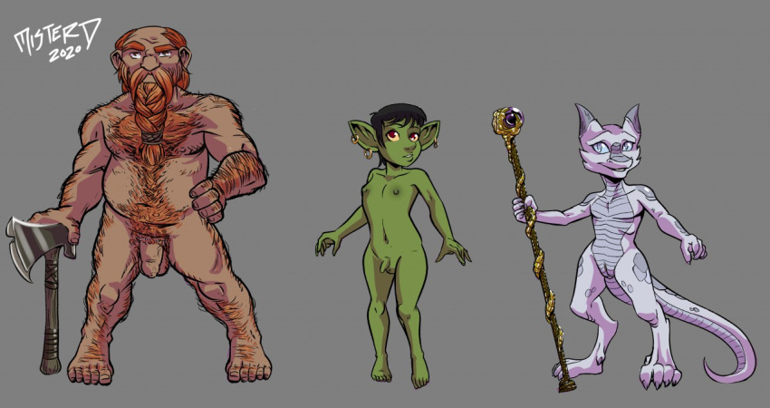 balrapha(keroro623) barnabus(keroro623) blenafee(keroro623) dwarf ear_piercing female flaccid flat_chested genitals girly goblin group hairy humanoid kobold male mister_d model_sheet penis piercing small_penis trio