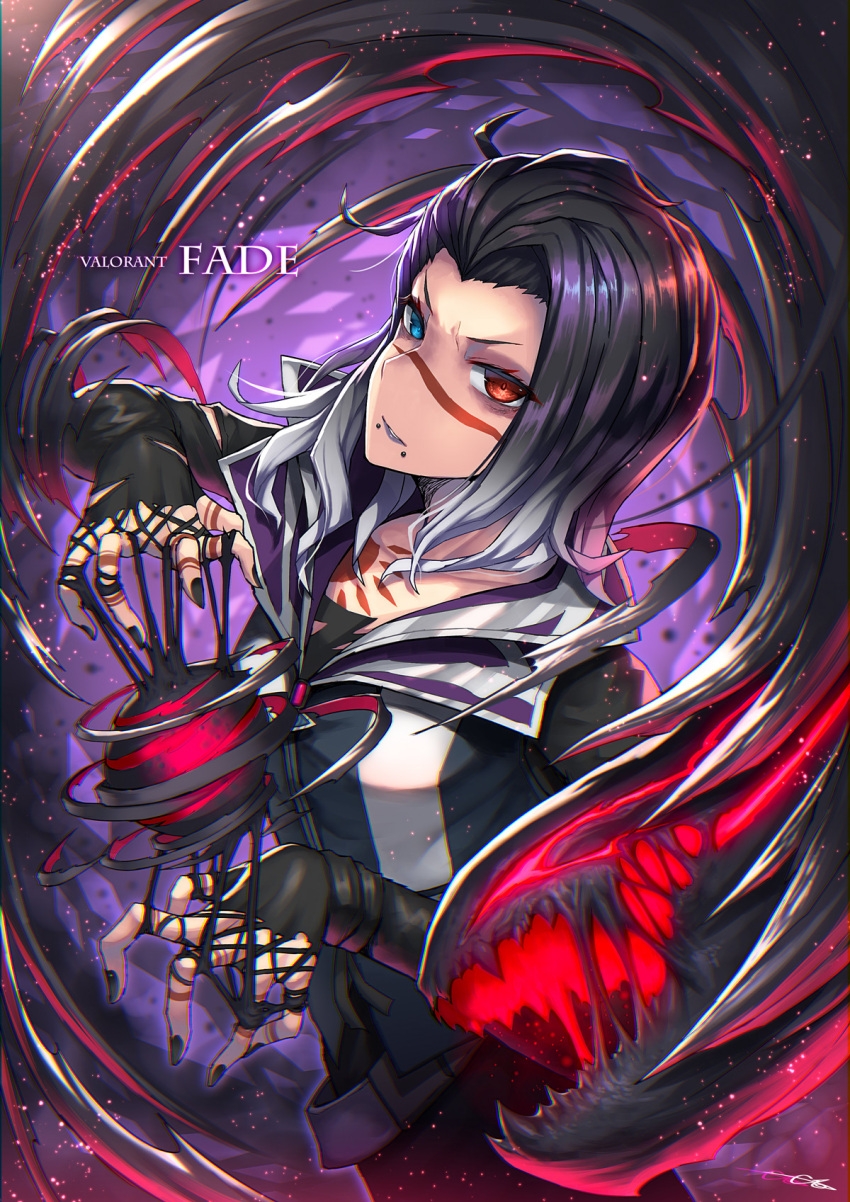 1girl black_gloves black_hair black_nails character_name chest_tattoo copyright_name facial_mark fade_(valorant) fingerless_gloves gia gloves gradient_hair heterochromia highres lip_piercing long_hair looking_at_viewer multicolored_hair piercing solo tattoo valorant