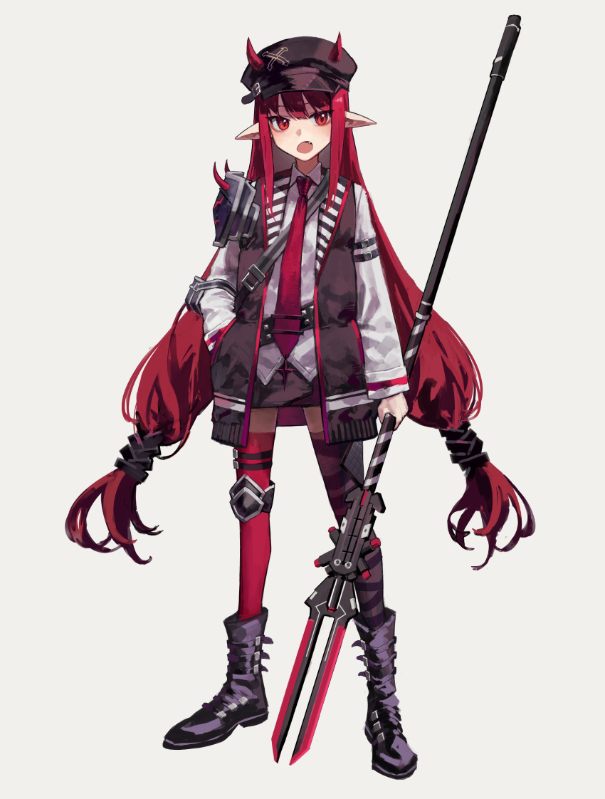 1girl absurdres arknights black_footwear black_skirt black_vest boots collared_shirt fang full_body grey_background highres holding holding_polearm holding_weapon horns horns_through_headwear long_hair low-tied_long_hair low_twintails necktie open_mouth pointy_ears polearm red_eyes red_hair red_legwear red_necktie shirt shoulder_guard sidelocks simple_background skirt solo standing tachi-e thighhighs twintails very_long_hair vest vigna_(arknights) weapon white_shirt yoon_cook