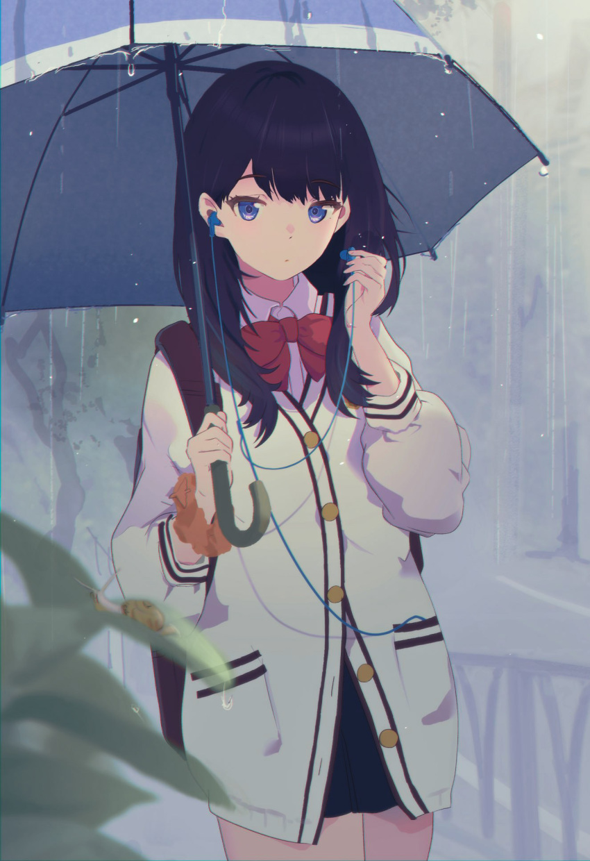 bangs bare_legs black_hair black_skirt blue_eyes bow bowtie cable cardigan cellphone collared_shirt earbuds earphones gridman_universe highres lensu_(lotus36936936) listening_to_music long_hair long_sleeves microskirt orange_scrunchie phone pleated_skirt rain red_bow red_bowtie school_uniform scrunchie shirt single_earphone_removed skirt smartphone ssss.gridman straight_hair takarada_rikka thighs umbrella white_cardigan white_shirt wrist_scrunchie