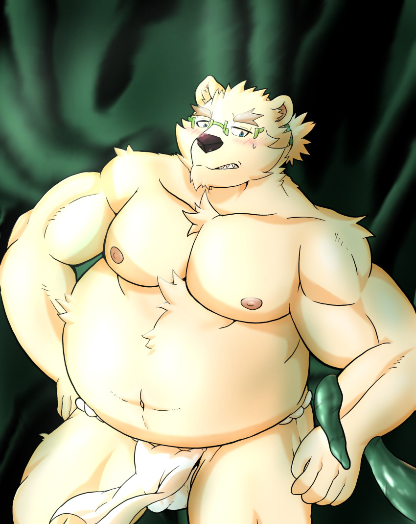 anthro asian_clothing balls_outline belly blush bulge clothing east_asian_clothing eyewear fundoshi fur genital_outline glasses hi_res japanese_clothing leib_(tas) lifewonders male mammal musclegut muscular_arms nipples pecs penis_outline polar_bear solo tentacles tokyo_afterschool_summoners underwear ursid ursine video_games white_body white_fur yom_mido_plus