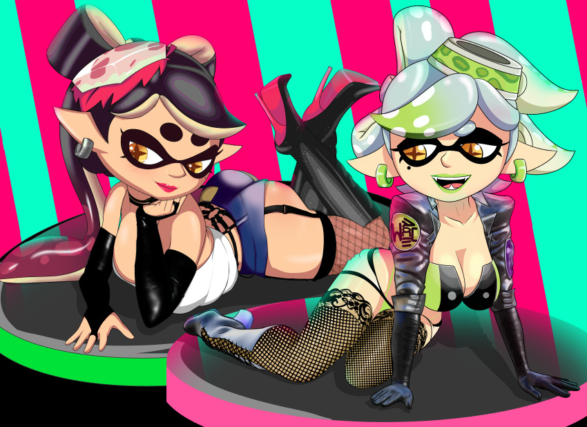 absurd_res armwear big_breasts boots bottomwear breasts callie_(splatoon) cephalopod clothing cutoffs denim denim_clothing duo ear_piercing ear_ring elbow_gloves female fishnet fishnet_legwear footwear garter_straps gloves handwear hi_res high_heeled_boots high_heels humanoid humanoid_pointy_ears inkling legwear lipstick lying makeup marie_(splatoon) marine mollusk nintendo not_furry on_front open_mouth open_smile piercing pseudo_hair pupils shorts smile splatoon tentacle_hair tentacles unusual_pupils video_games wallyroo