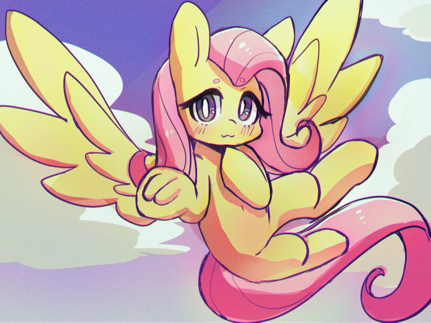 blush choyamy digital_media_(artwork) equid equine eyelashes feathered_wings feathers female feral fluttershy_(mlp) friendship_is_magic hair hasbro hi_res hooves looking_at_viewer mammal my_little_pony pegasus pink_hair pink_tail solo spread_wings underhoof wings