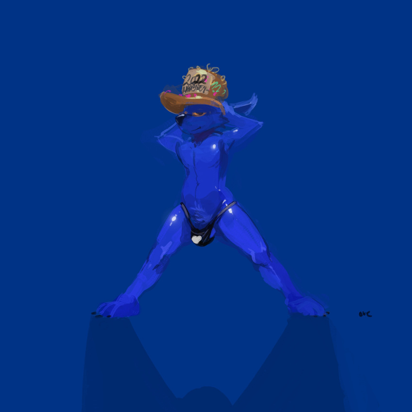 1:1 absurd_res anthro biped black_claws black_nose blue_background blue_body blue_ears blue_fur blue_penis blue_pubes bulge cheek_tuft claws clothing elbow_tufts facial_tuft flaccid front_view fur genitals glistening glistening_nose hands_behind_head hat headgear headwear hi_res male narrowed_eyes oselotti penis penis_base plantigrade pubes shadow signature simple_background solo standing tuft