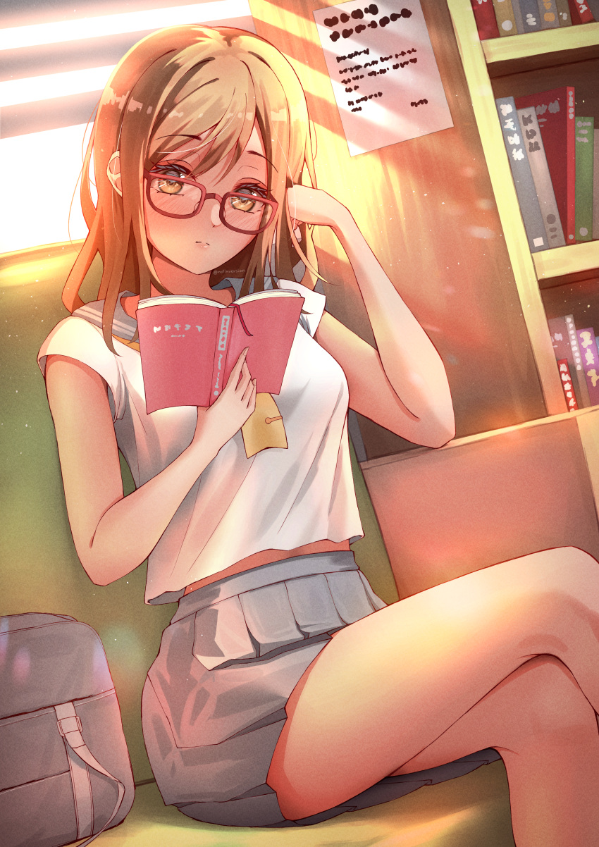 1girl absurdres backlighting bag bangs blush book bookshelf breasts brown_eyes brown_hair chair closed_mouth crossed_legs elbow_gloves eyebrows_visible_through_hair glasses gloves grey_skirt head_rest highres holding holding_book kunikida_hanamaru library long_hair looking_at_object love_live! love_live!_sunshine!! medium_breasts midriff_peek miniskirt neckerchief notinversion pleated_skirt reading sailor_collar school_bag school_uniform serafuku shirt shirt_overhang short_sleeves sitting skirt solo sunlight thighs uranohoshi_school_uniform white_shirt yellow_neckerchief