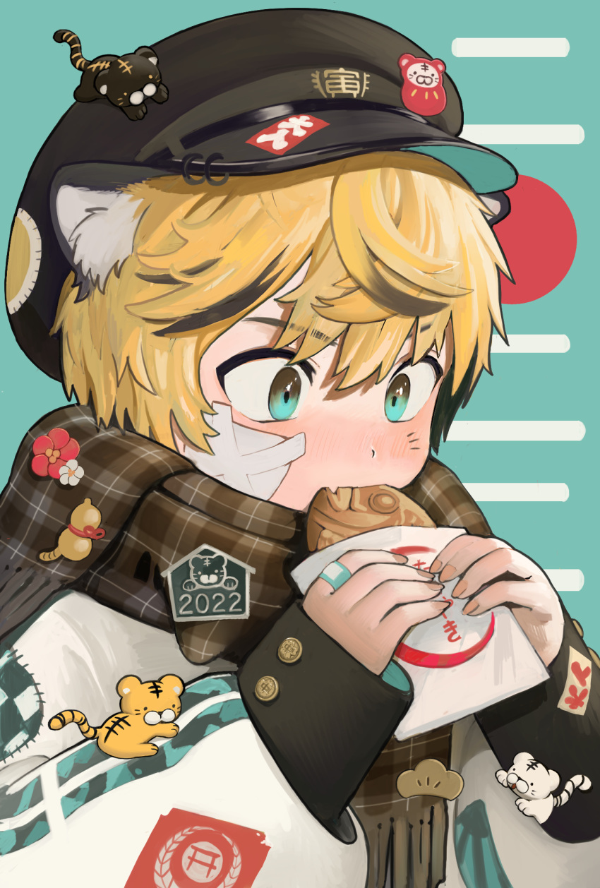 1boy 2022 animal_ears bandaid bandaid_on_cheek bandaid_on_face bandaid_on_hand bangs blonde_hair blue_eyes blush cabbie_hat chinese_zodiac coat eating facial_mark fang food food_in_mouth gakuran hat hat_pin highres holding holding_food kirara_yakubou layered_sleeves long_sleeves looking_at_food male_focus multicolored_hair original patch pierced_hat plaid plaid_scarf scarf school_uniform skin_fang sleeves_past_wrists solo streaked_hair taiyaki tiger_boy tiger_ears undersized_animal v-shaped_eyebrows wagashi whisker_markings year_of_the_tiger