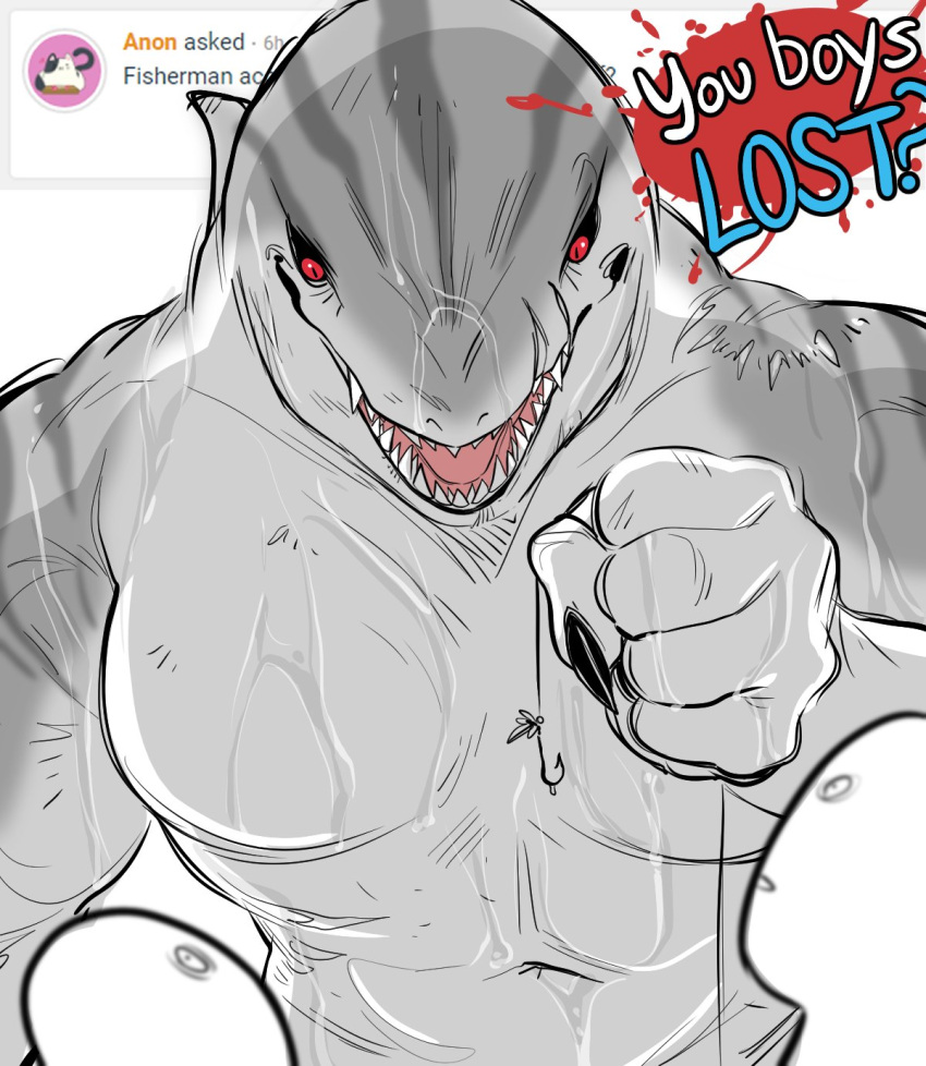 anthro breasts featureless_breasts female fish fish_hook glacierclear grey_body grey_scales hi_res larger_female marine muscular muscular_anthro muscular_female non-mammal_breasts red_eyes scales scary shark sharp_teeth simple_background size_difference teeth wet white_background