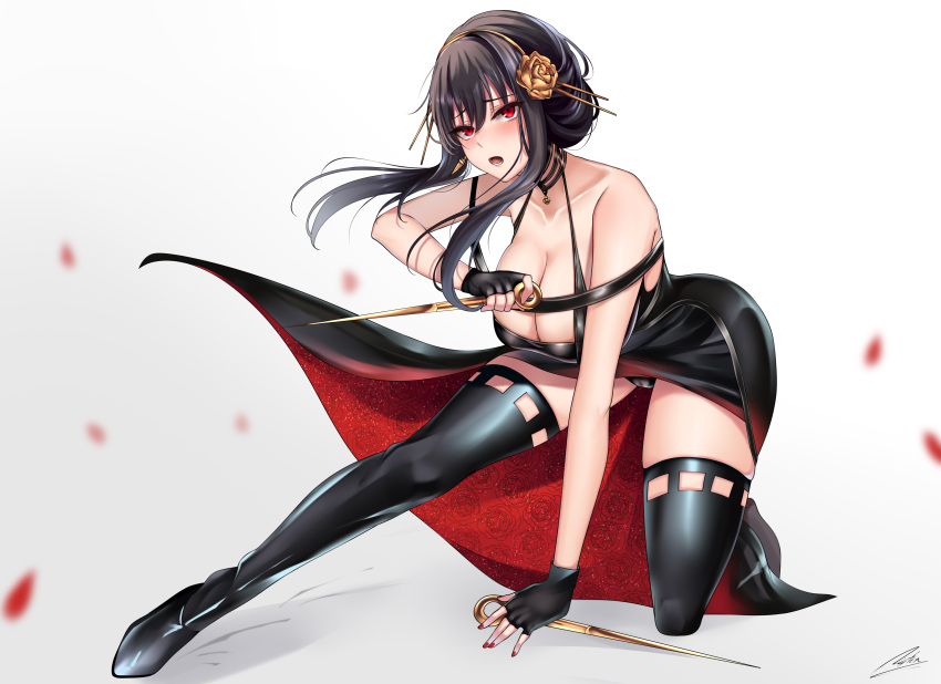 1girl absurdres bangs bare_shoulders black_dress black_gloves black_hair black_panties blush boots breasts cleavage collarbone dagger dress dual_wielding earrings falling_petals fighting_stance fingerless_gloves floral_print flower full_body gloves gold_hairband hair_flower hair_ornament hairband highres holding holding_dagger holding_weapon jewelry knife large_breasts long_hair looking_at_viewer nail_polish nyctea_snow one_knee open_mouth outstretched_leg panties pantyshot petals raised_eyebrows red_eyes red_nails rose rose_print sidelocks signature skindentation solo spikes spy_x_family thigh_boots thighhighs thighs two-sided_dress two-sided_fabric underwear weapon yor_briar