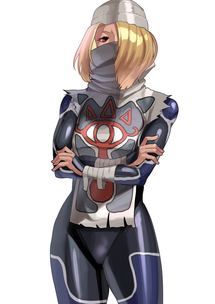 1girl absurdres bandages bangs black_bodysuit blonde_hair bodysuit breasts commentary_request cowboy_shot hair_between_eyes hair_over_one_eye highres koiso_usu looking_at_viewer medium_breasts red_eyes sheik short_hair simple_background solo the_legend_of_zelda the_legend_of_zelda:_ocarina_of_time white_background