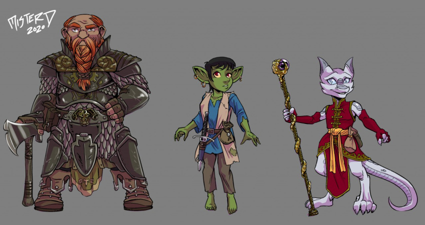 adventurer armor armwear axe balrapha(keroro623) barnabus(keroro623) blenafee(keroro623) clothing dwarf ear_piercing elbow_gloves female gloves goblin group handwear humanoid kobold magic_user male melee_weapon mister_d piercing staff trio warrior weapon