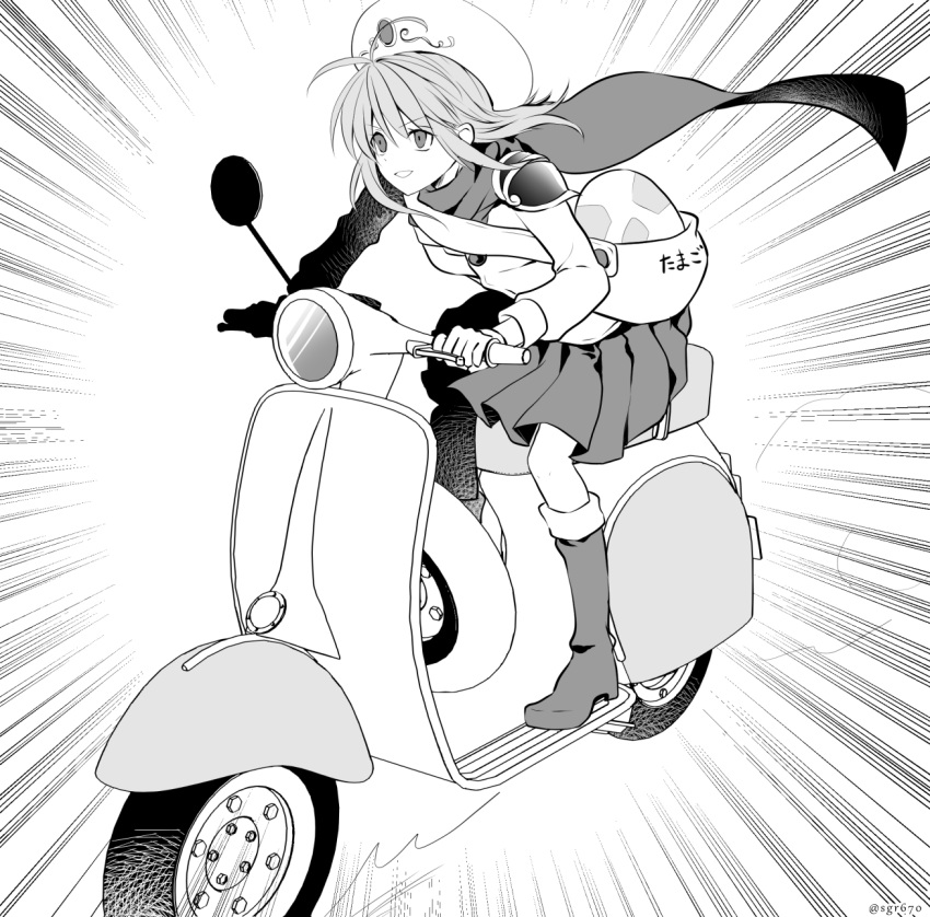 1girl :d armor bag boots cape egg elona emphasis_lines floating_hair full_body greyscale ground_vehicle hat highres knee_boots long_hair long_sleeves looking_afar miniskirt monochrome motor_vehicle pauldrons pleated_skirt protagonist_(elona) riding sagara_yuu scarf shoulder_armor shoulder_bag simple_background skirt smile solo