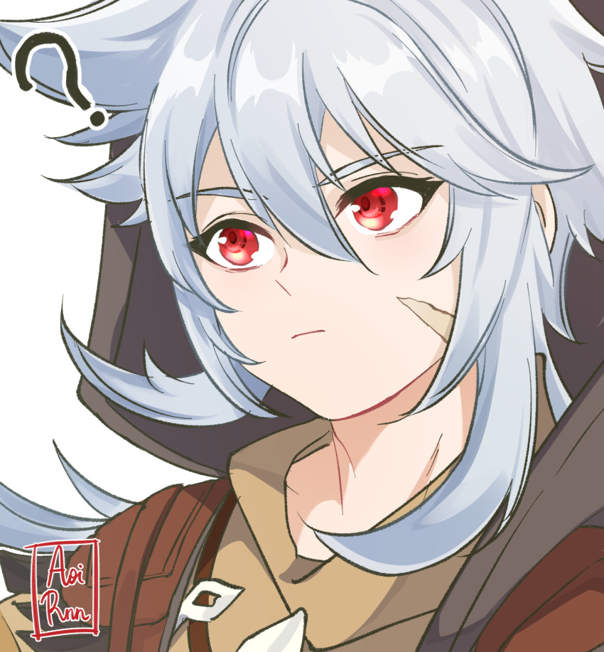 1boy ? aoirnn closed_mouth face genshin_impact grey_hair hair_between_eyes highres hood hood_up jewelry long_hair male_focus necklace razor_(genshin_impact) red_eyes scar scar_on_cheek scar_on_face signature solo upper_body